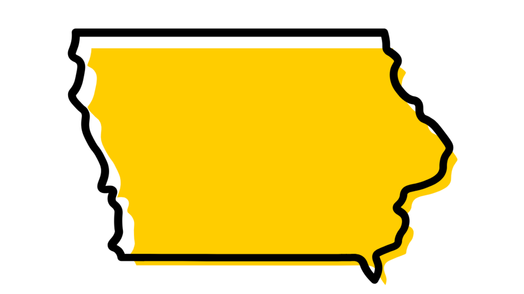 Outline of state of Iowa in black and gold. 